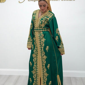 Moroccan Caftan Dress Royal Green Satin Fabric Gold Embroidery Details Traditional Wedding Guest Outfit Elegant Eid Celebration Dress Handcrafted Sfifa Trim Flowing Sleeves Design Adjustable Belt Luxury Fashion Modest Formal Wear Henna