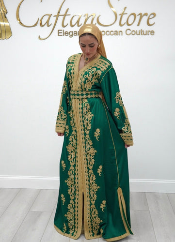 Moroccan Caftan Dress Royal Green Satin Fabric Gold Embroidery Details Traditional Wedding Guest Outfit Elegant Eid Celebration Dress Handcrafted Sfifa Trim Flowing Sleeves Design Adjustable Belt Luxury Fashion Modest Formal Wear Henna