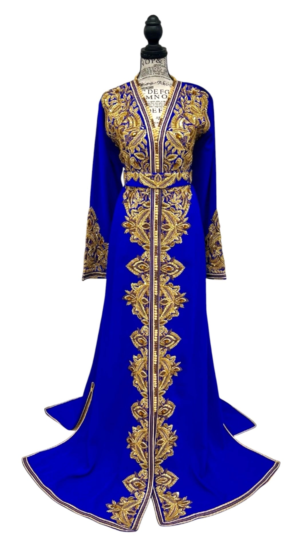 Moroccan Royal Blue Caftan with Gold and Bronze Embroidery, Satin Lined