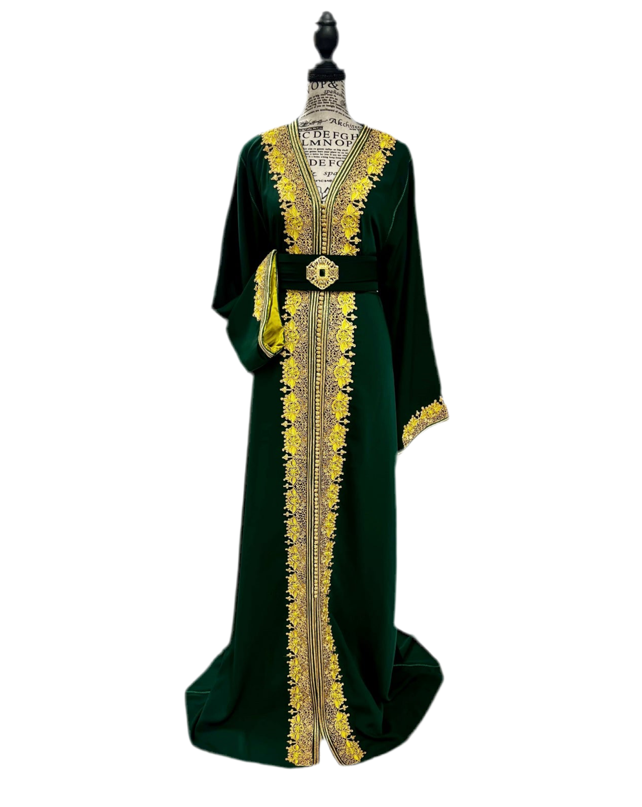 Royal Green Caftan with Gold Embroidery & Neon Satin Sleeves - CaftanStore Royal Green Caftan with Gold Embroidery & Neon Satin Sleeves - CaftanStore