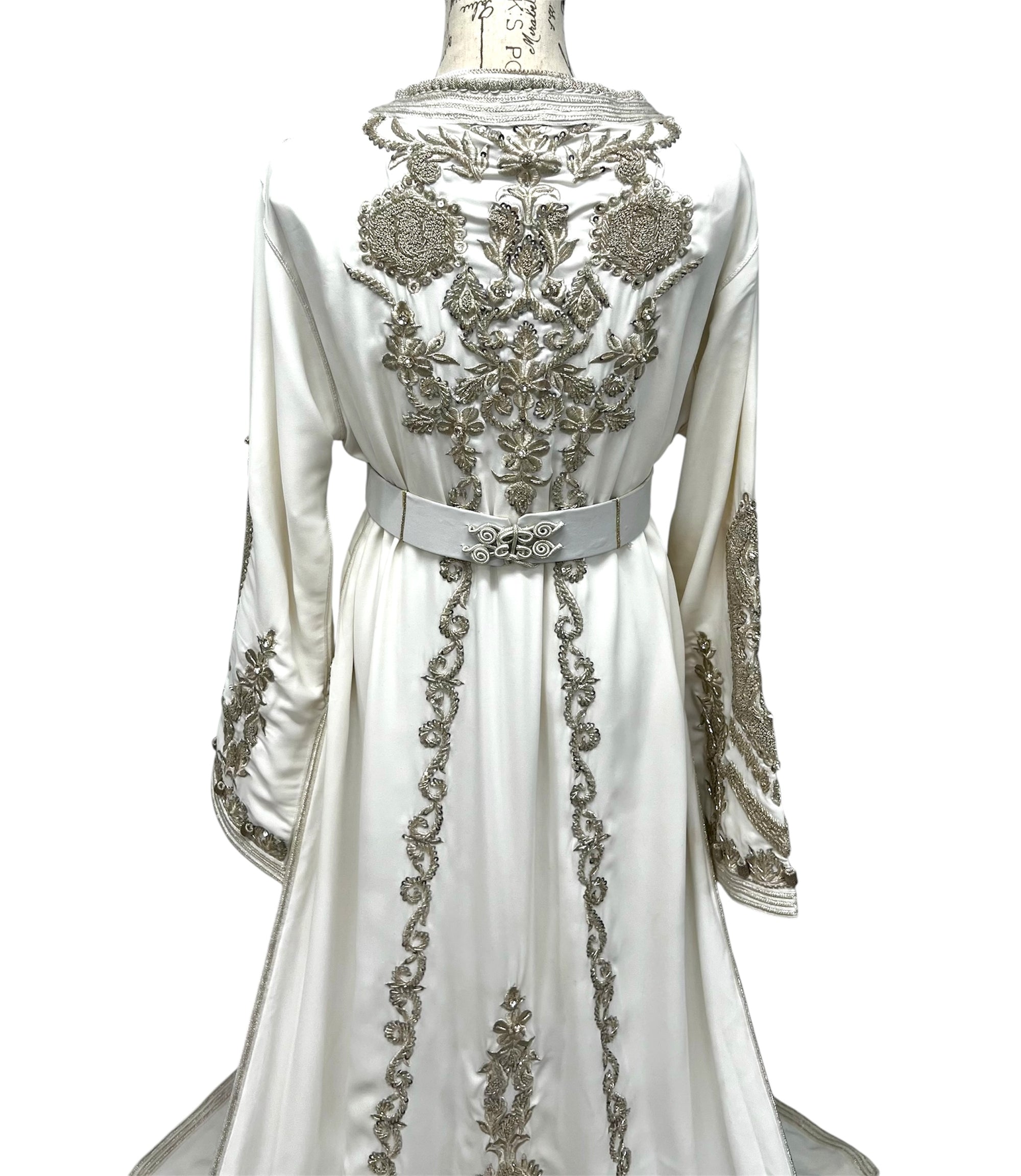 White and Silver Hand Beaded Designer Bridal Takchita with Train
