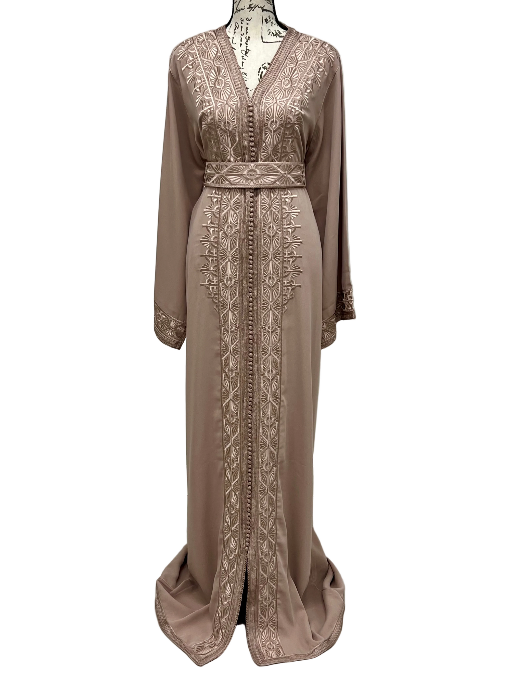 Dusty Mauve Beige Crepe Caftan with Tone-on-Tone Embroidery