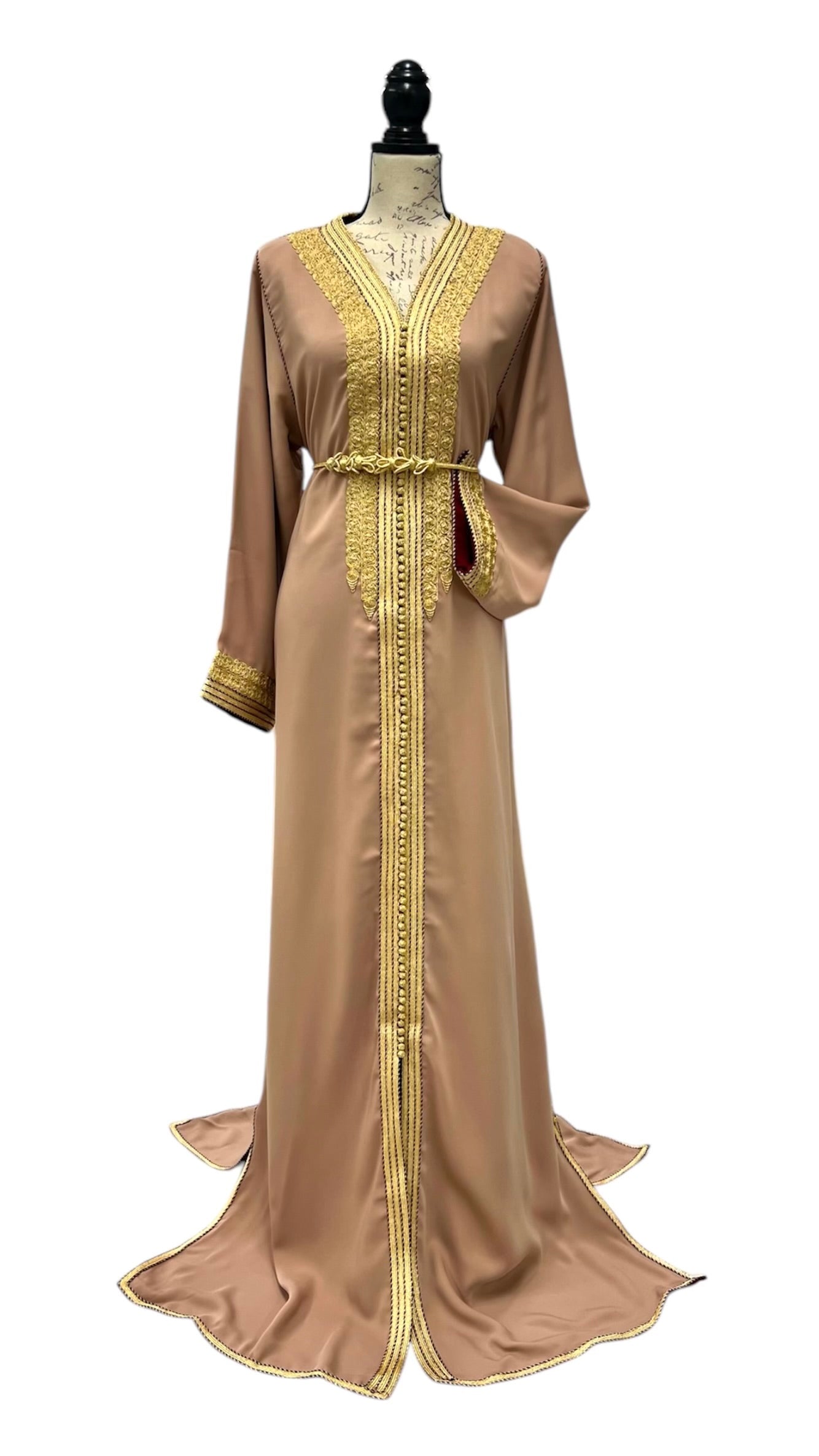 Blush Crepe Caftan with Gold Embroidery & Burgundy Satin Lining – Elegant Moroccan Dress