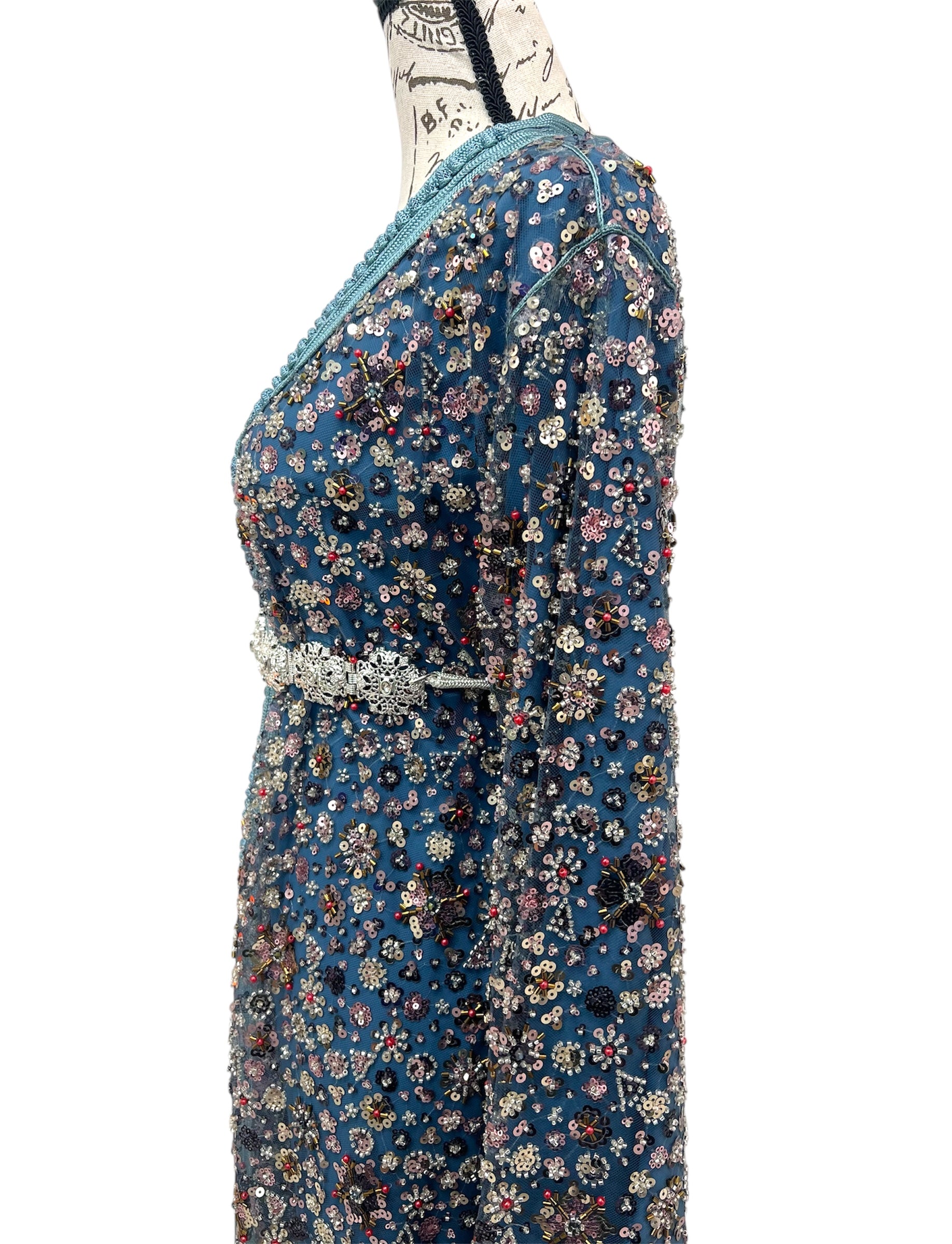 Teal Caftan with Sequins & Beaded Details