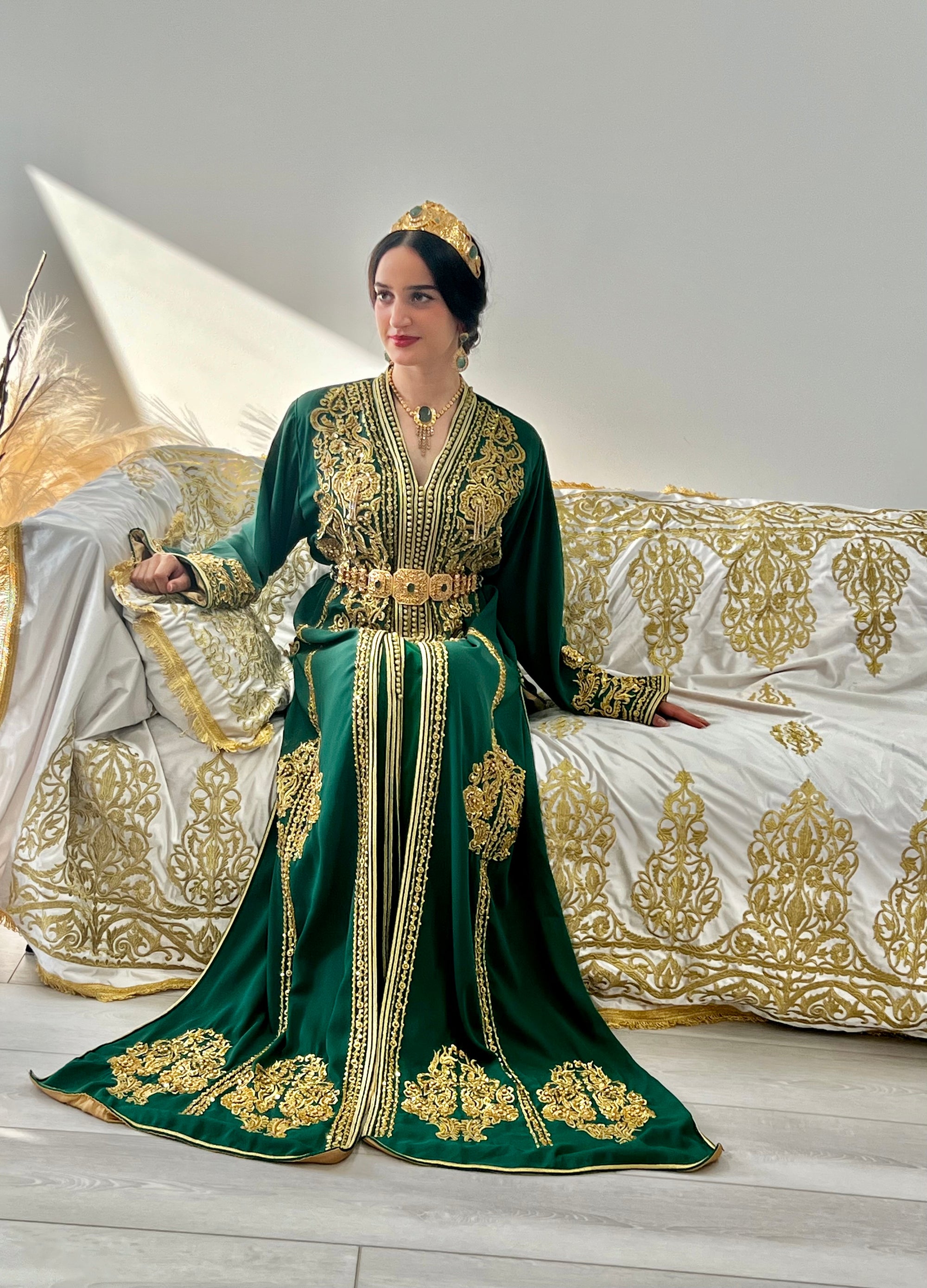 Royal Green & Gold Embroidered 2-Piece Moroccan Caftan with Optional Veil & Accessories