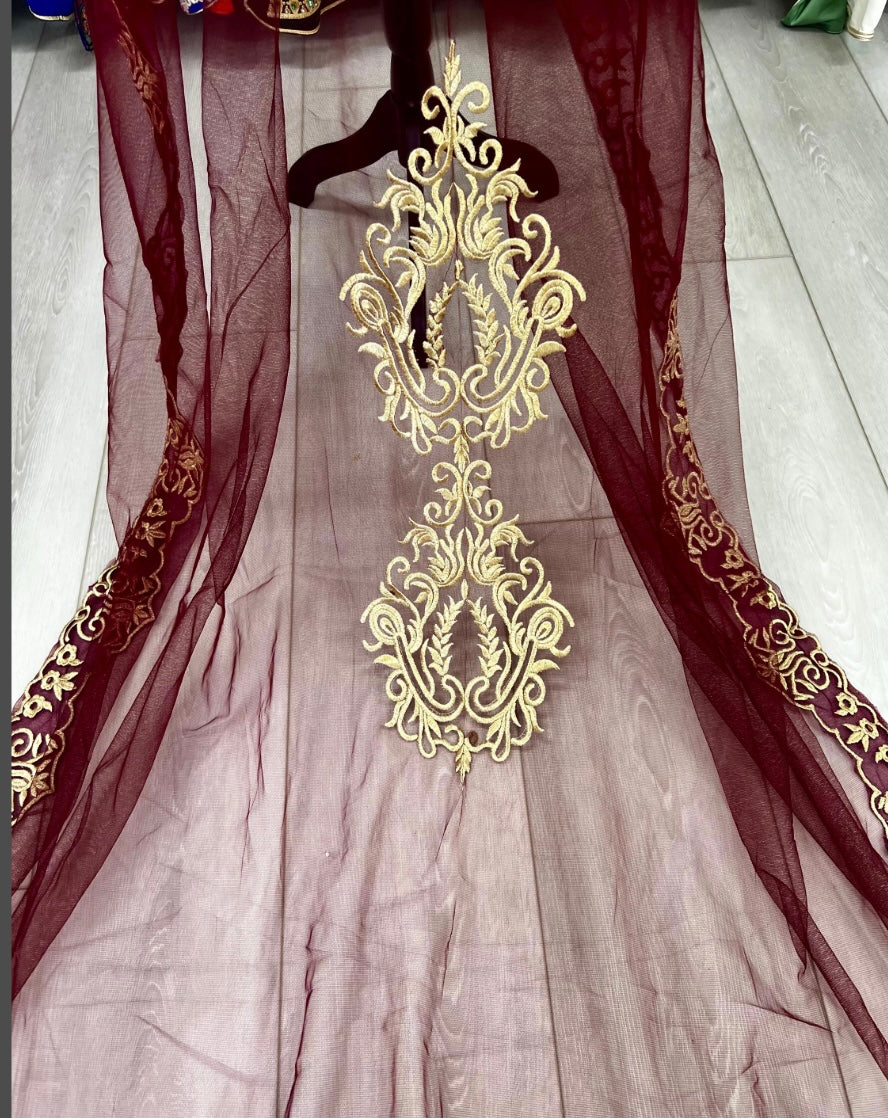 Burgundy Veil with Gold Embroidery