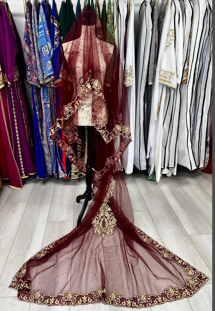 Burgundy Veil with Gold Embroidery - CaftanStore Burgundy Veil with Gold Embroidery - CaftanStore