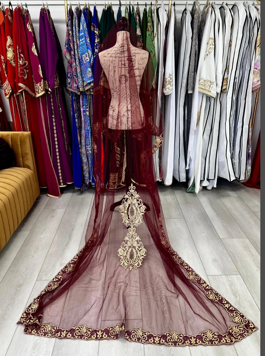 Burgundy Veil with Gold Embroidery