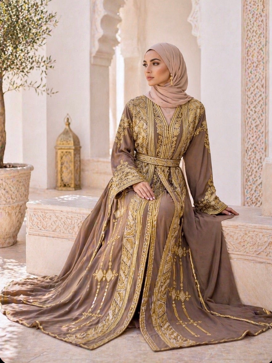 Mokka-Taupe & Gold Takshita | Zweiteiliger Kaftan