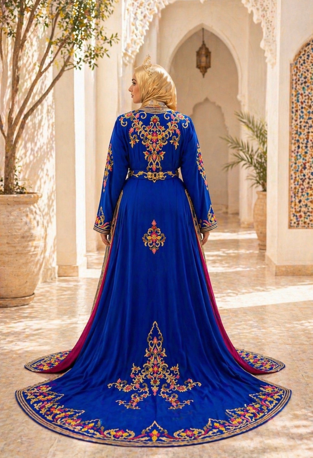 Luxury Royal Blue Moroccan Caftan with Embroidery Beading and Dramatic Train