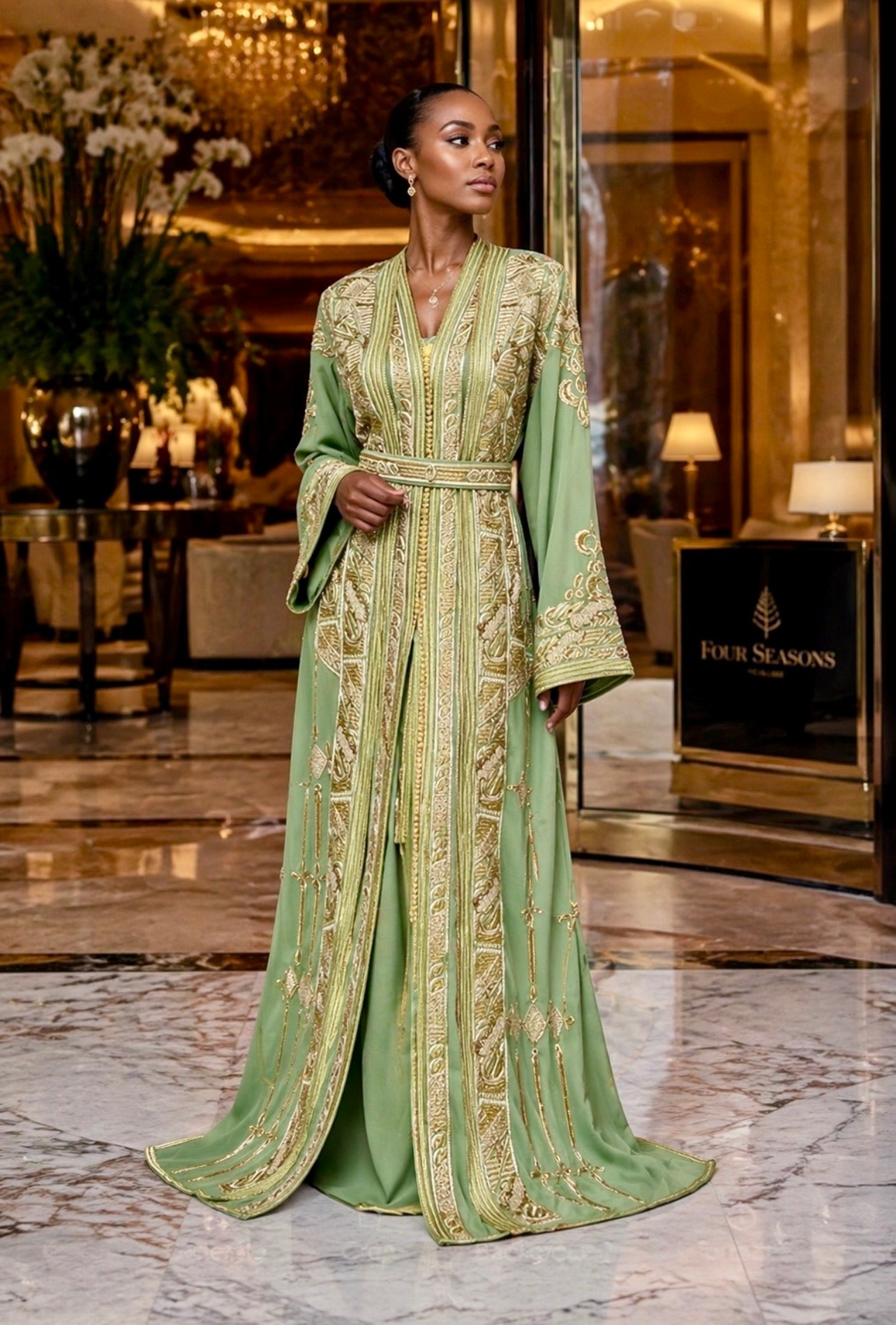 Sage Green Moroccan Takchita Luxury Two Piece Open Duster Caftan with Gold Embroidery