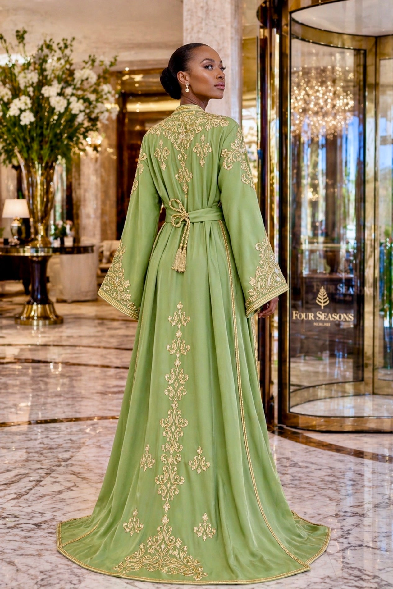 Moroccan Wedding Dress – Sage Green Takchita with Gold Embroidery