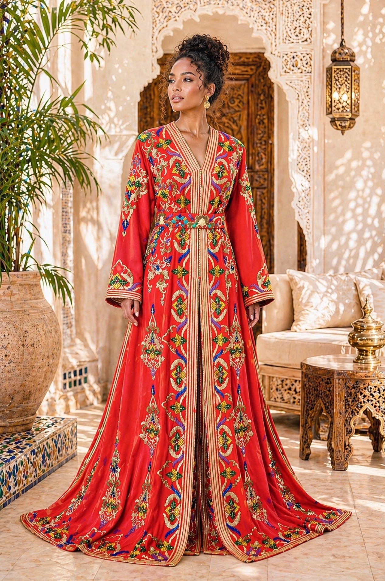 Luxury Orange Moroccan Caftan with Gold Embroidery and Train