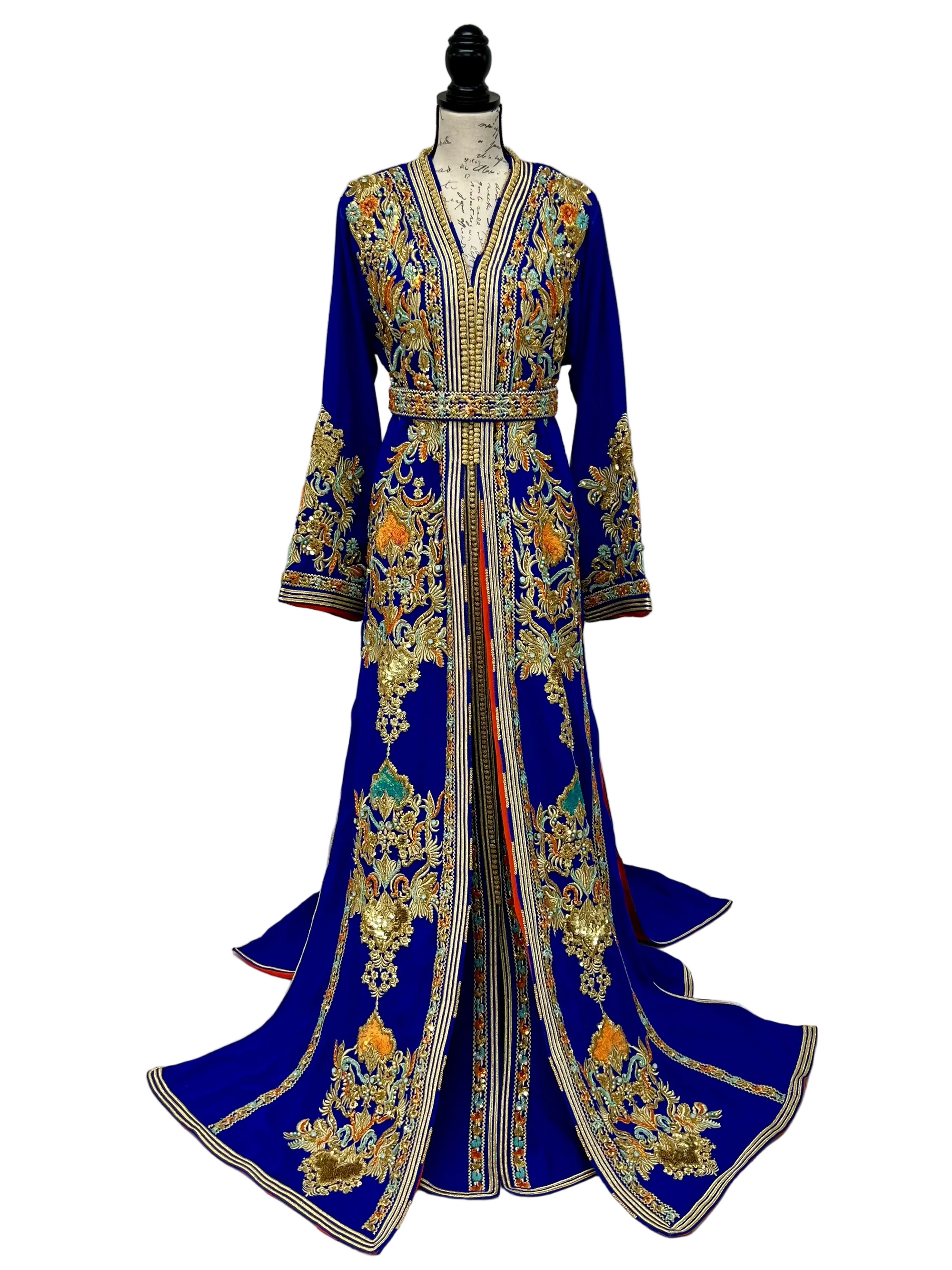 Luxuriöser Königlich Blauer Marokkanischer Kaftan mit Stickereien und Perlenstickereien