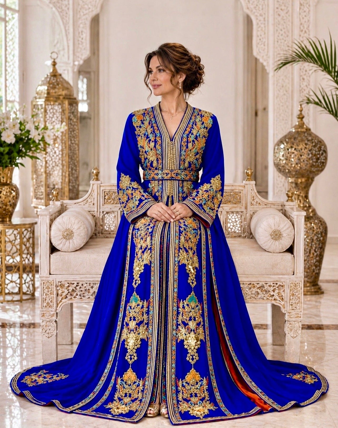 Luxuriöser Königlich Blauer Marokkanischer Kaftan mit Stickereien und Perlenstickereien