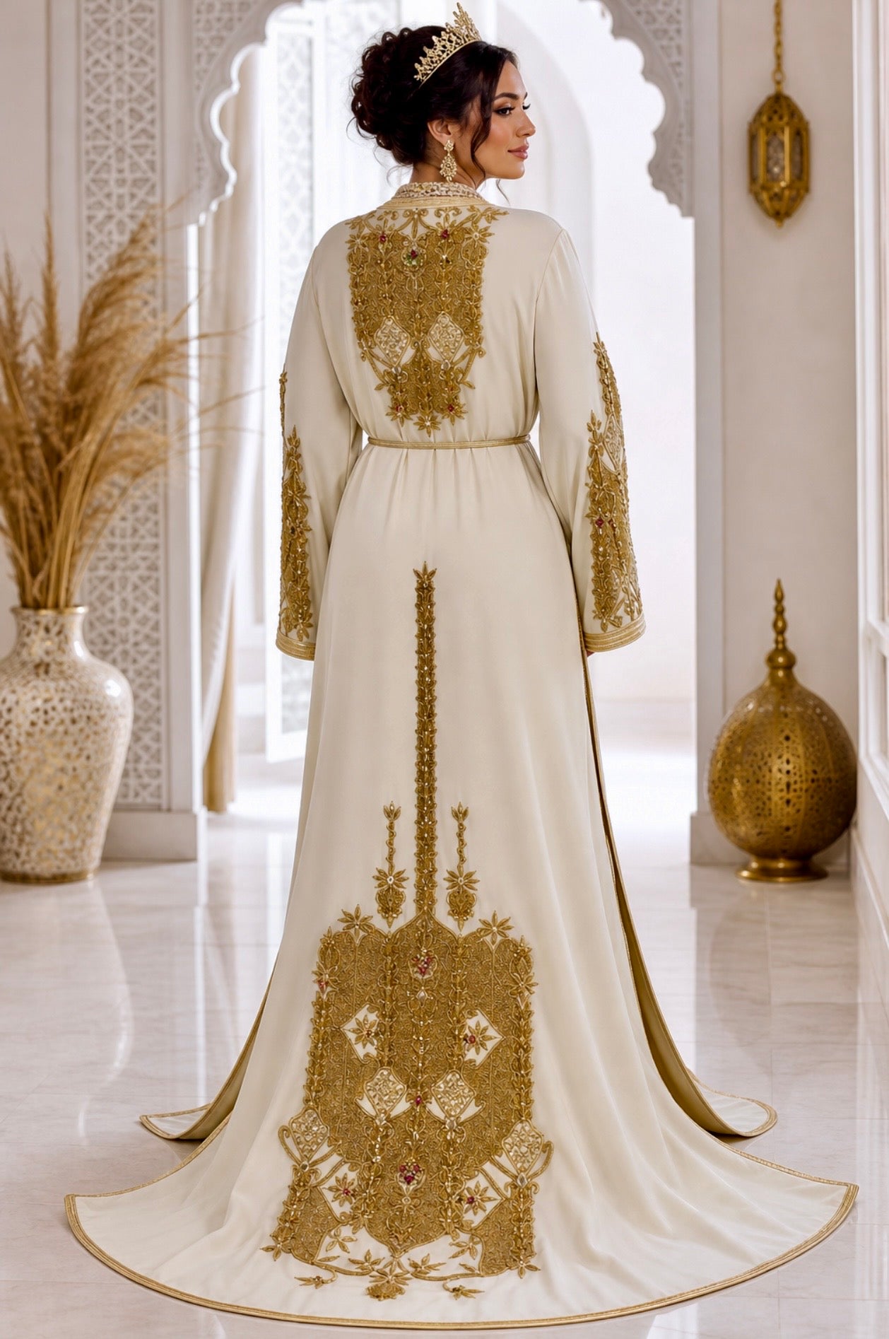 Designer Elfenbein & Gold Marokkanischer Brautkaftan | Handbestickte Takchita