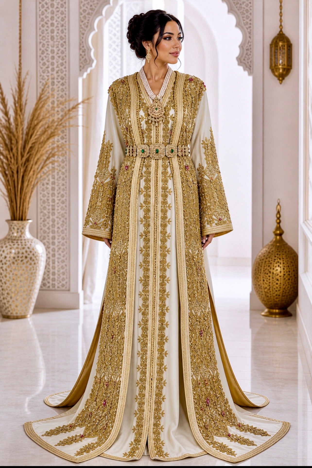 Designer Elfenbein & Gold Marokkanischer Brautkaftan | Handbestickte Takchita