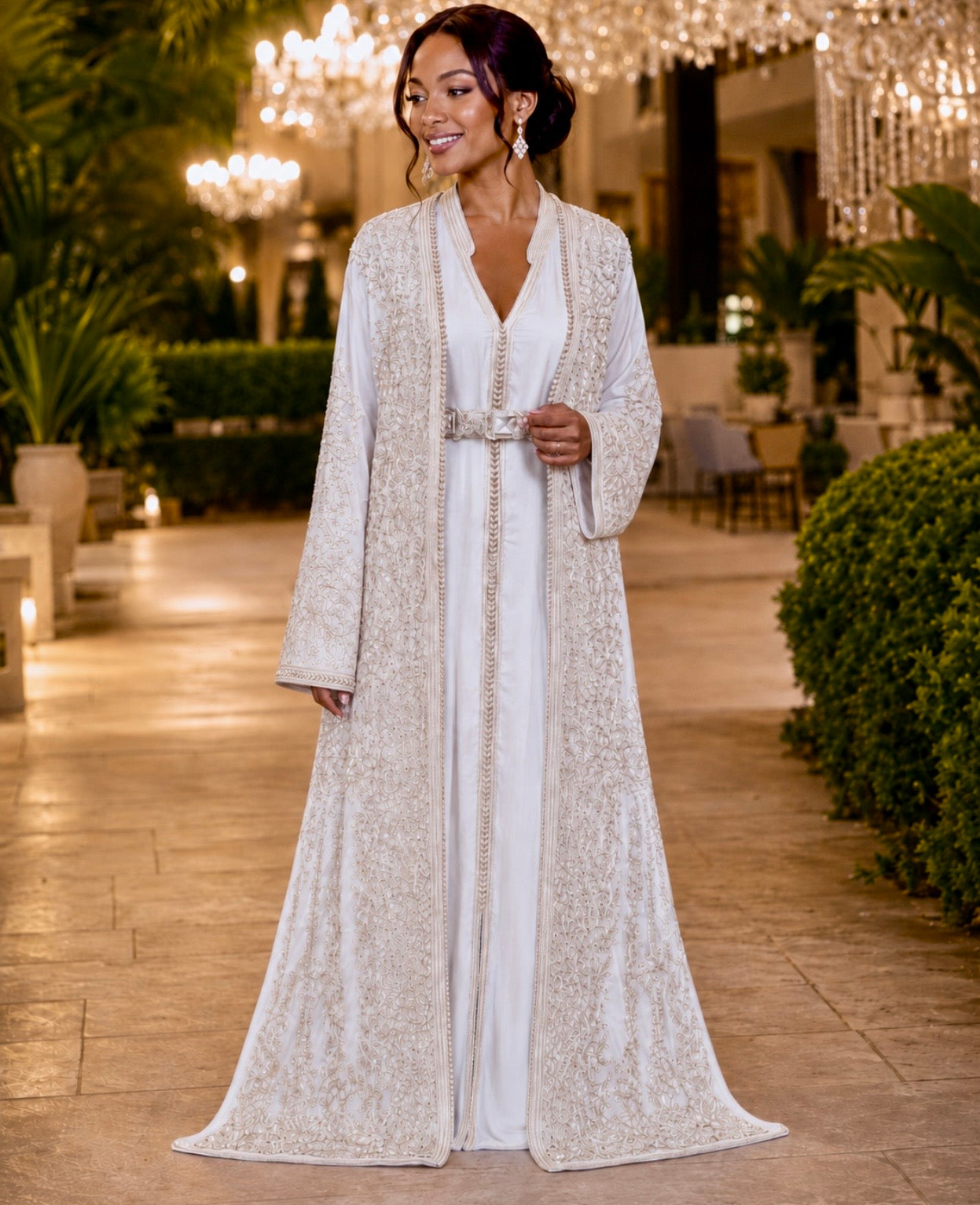 White Takchita – Silver Embroidered Two-piece Modest Bridal Caftan