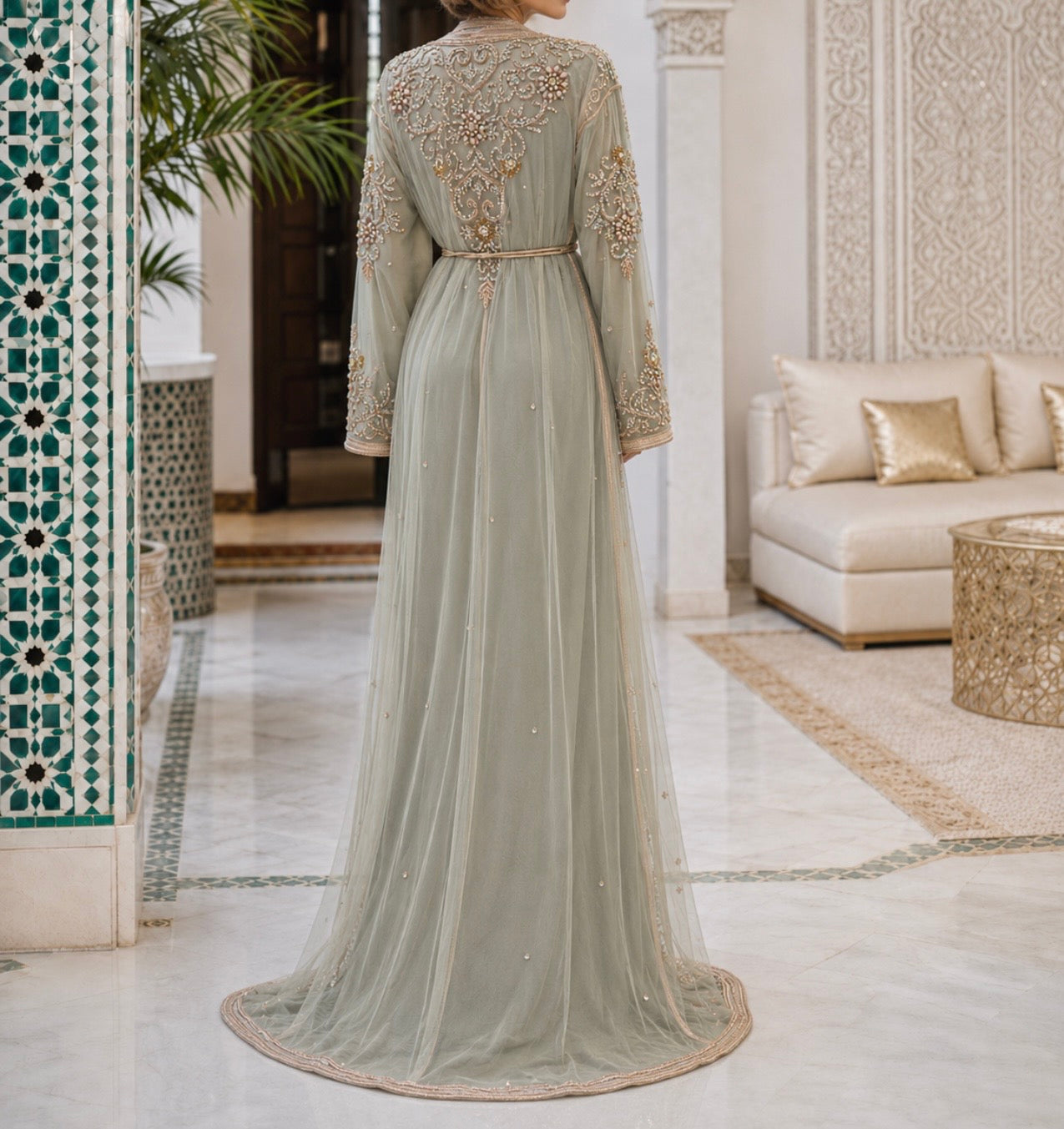 Sage Green Moroccan Tulle Takchita with Rose Gold Embroidery