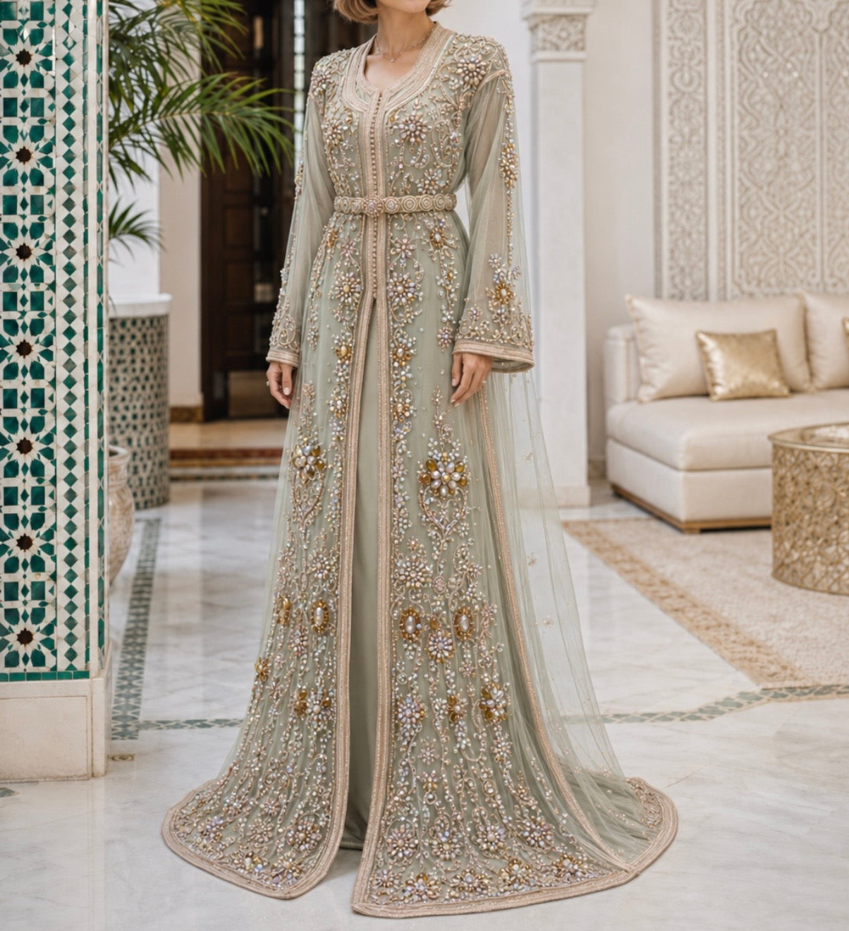 Sage Green Moroccan Tulle Takchita with Rose Gold Embroidery
