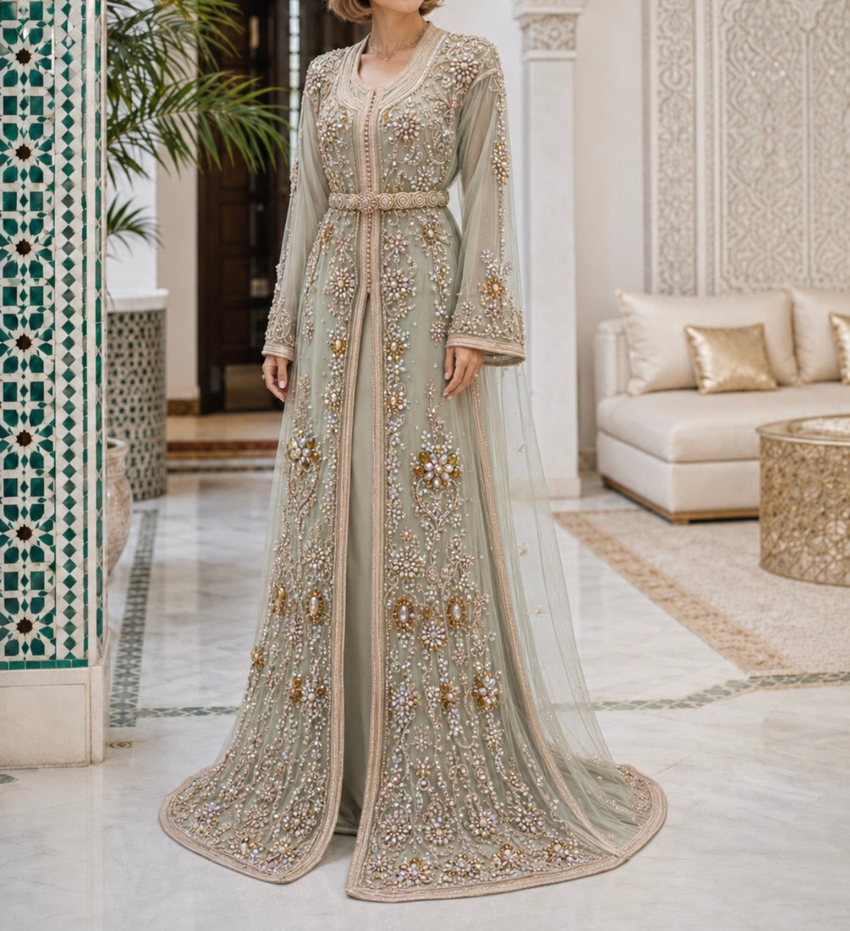 Sage Green Moroccan Tulle Takchita with Rose Gold Embroidery
