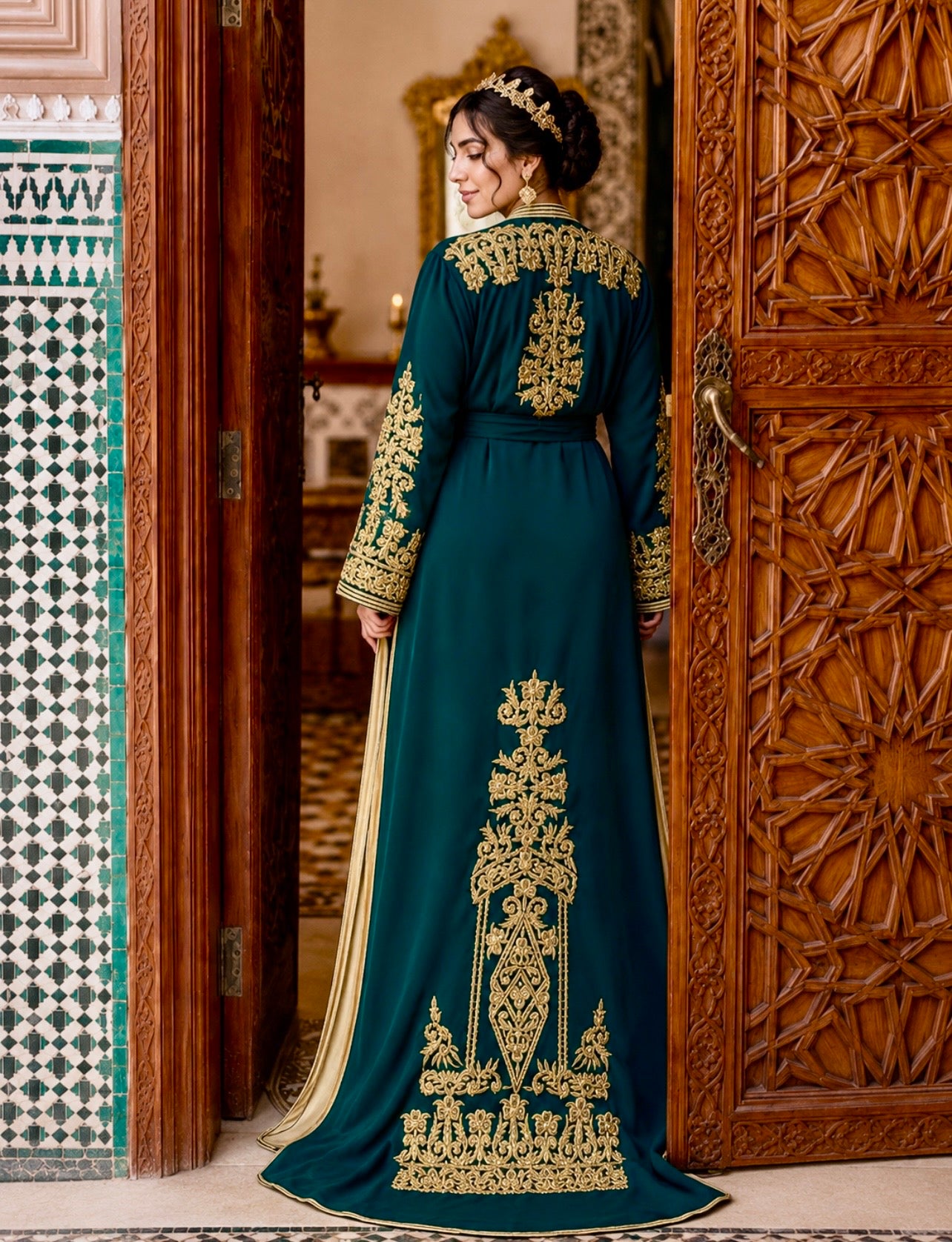 Elegant Deep Green Moroccan Takchita with Gold Embroidery and Beaded Veil