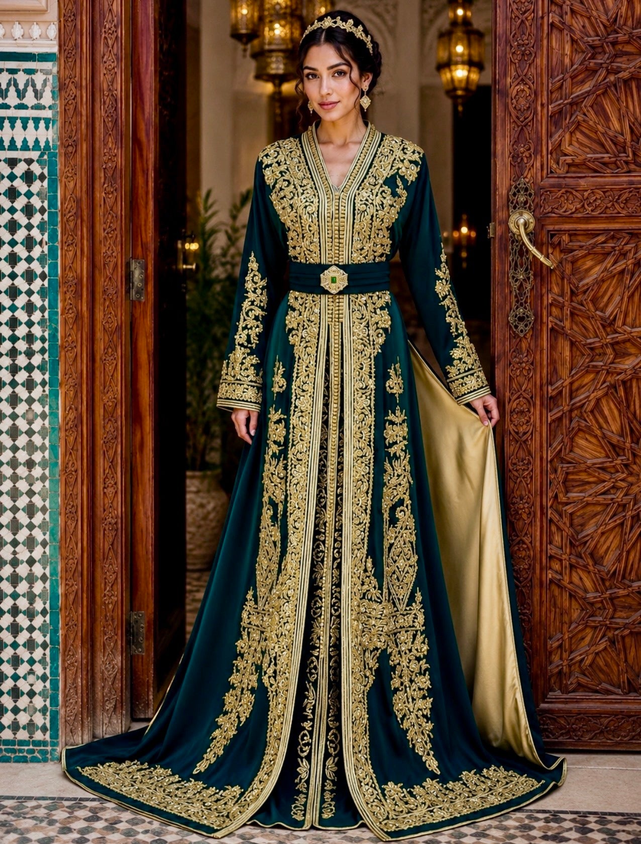 Moroccan Takchita Bridal Set Two Piece Wedding Dress Green Gold Embroidery Design Beaded Details Matching Veil Belt Included Traditional Kaftan Complete Outfit Henna Night Celebration Engagement Party Formal Event Ready To Wear Elegant