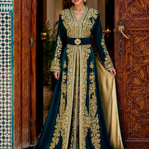 Moroccan Takchita Bridal Set Two Piece Wedding Dress Green Gold Embroidery Design Beaded Details Matching Veil Belt Included Traditional Kaftan Complete Outfit Henna Night Celebration Engagement Party Formal Event Ready To Wear Elegant