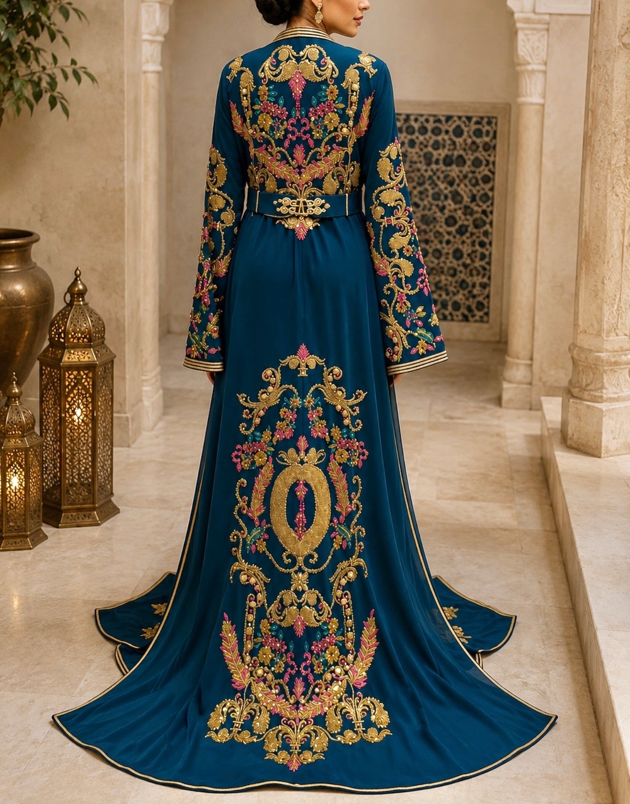 Teal & Magenta Moroccan Bridal Takchita with Hand-Beaded Gold Embroidery