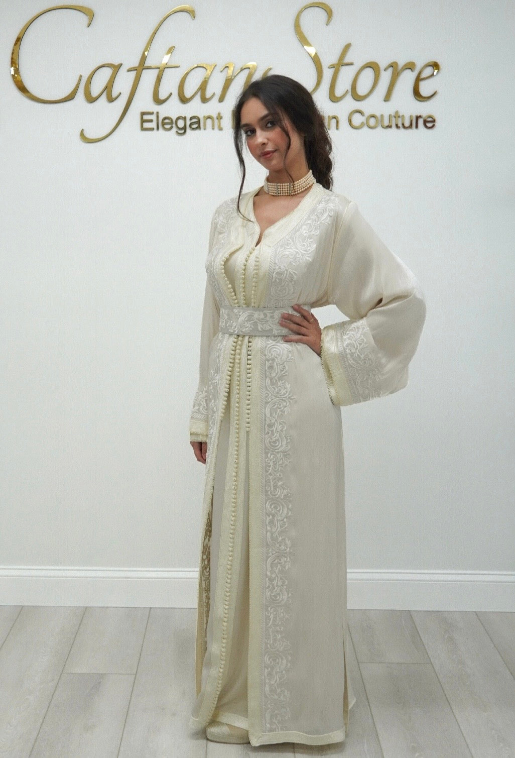 Moroccan Takchita Dress – Cream Embroidered Two-piece Wedding Caftan