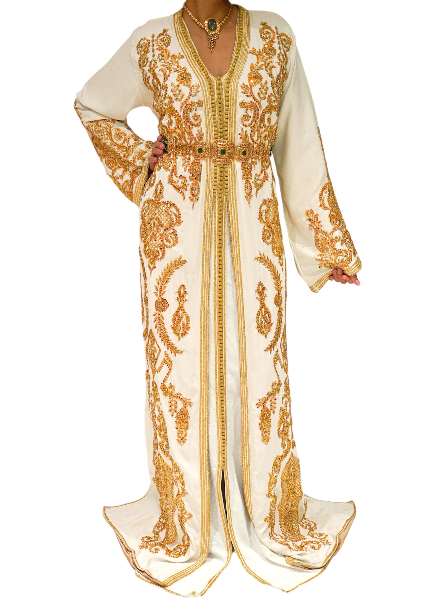Amanda’s Gold Embroidered Cinched Waist Bridal Caftan with Satin Lining