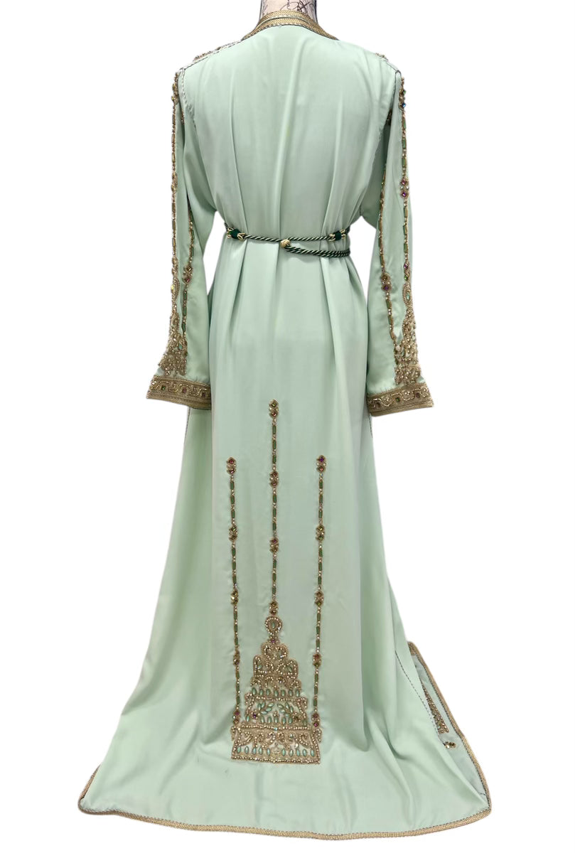 Mint Green Moroccan Caftan with Gold Embroidery