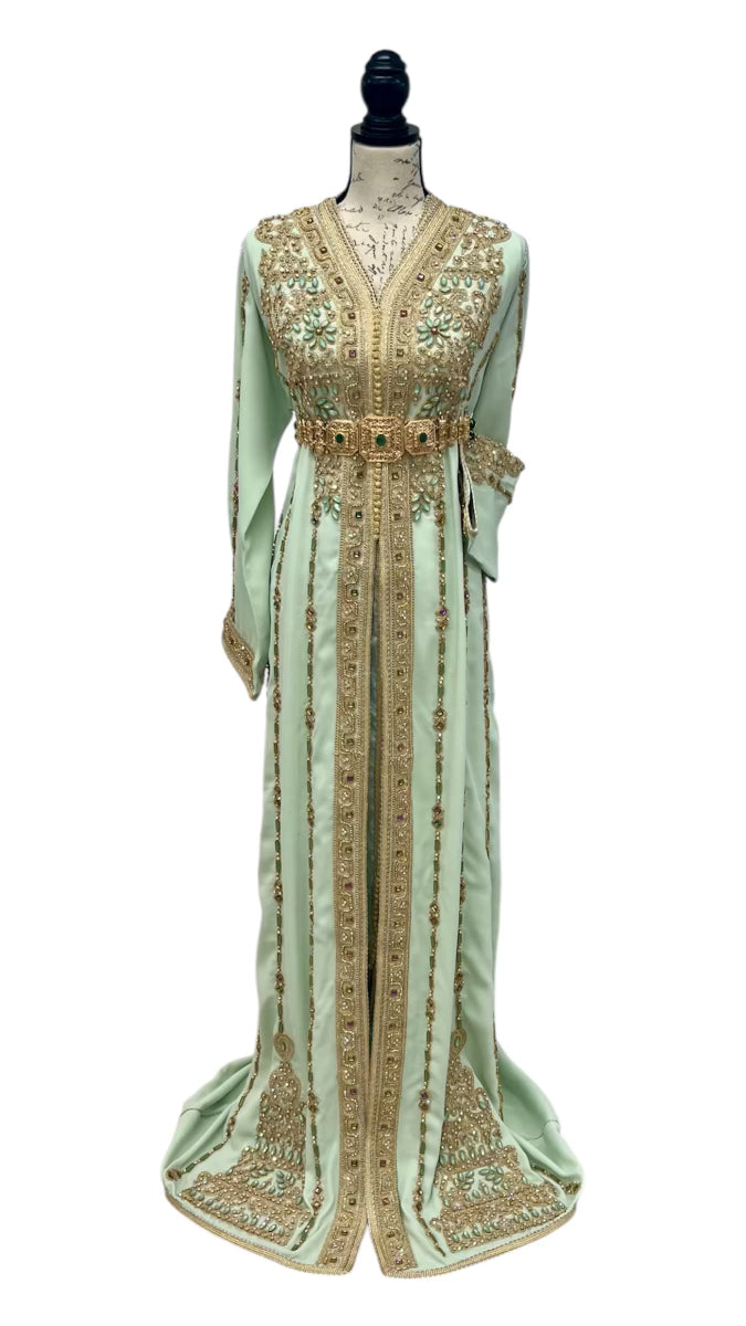 Mint Green Moroccan Caftan with Gold Embroidery