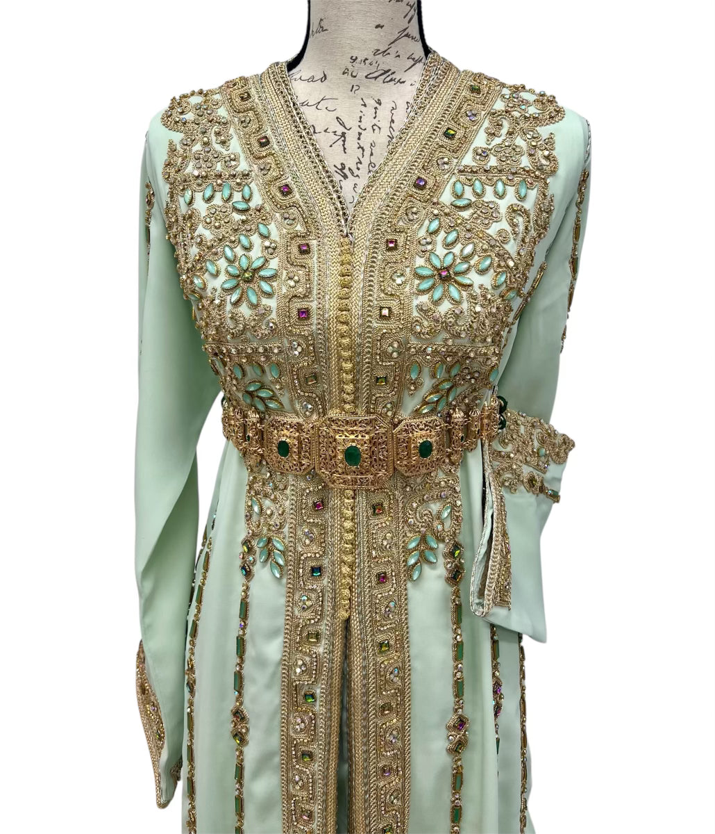 Mint Green Moroccan Caftan with Gold Embroidery