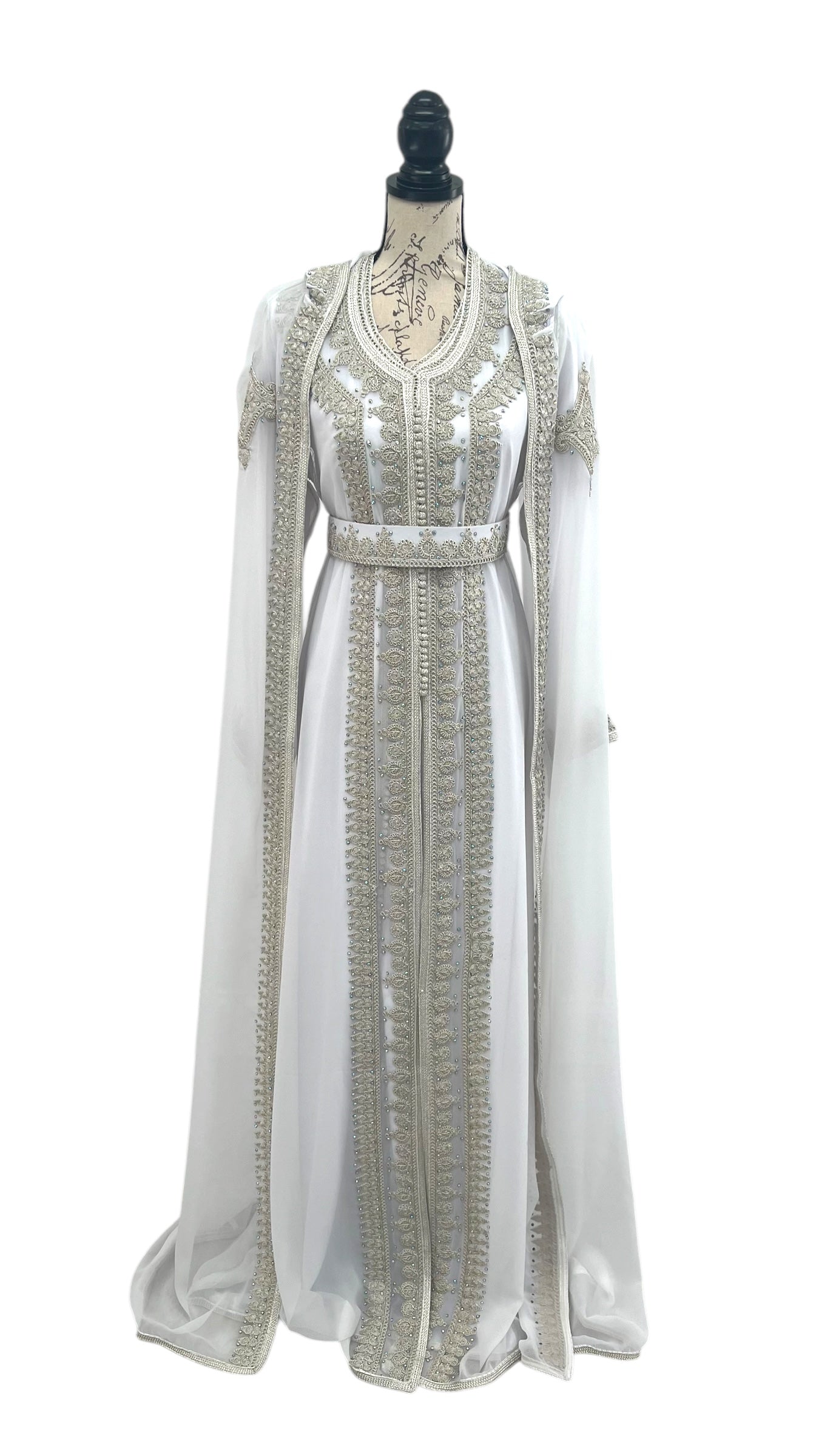 Bridal White Three-Piece Takchita with Elegant Hooded Cape