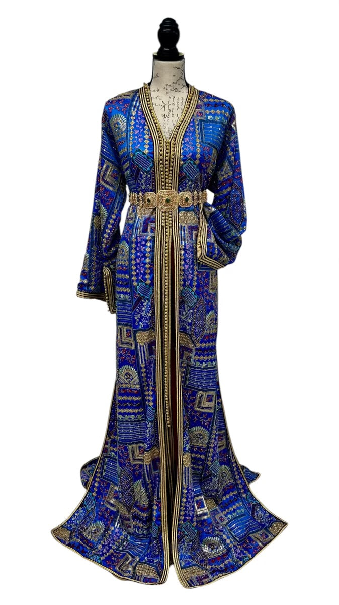 Two-Piece Moroccan Takchita – Crepe Inner Dress with Gold Satin Lining & Blue Sari Fabric Outer Layer