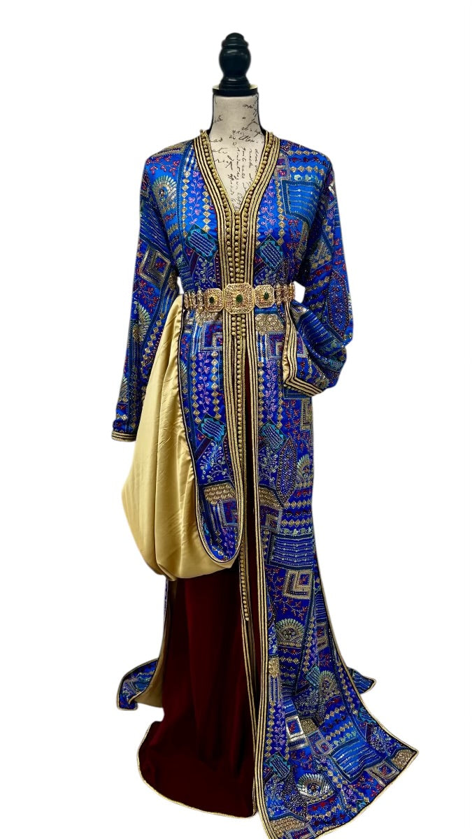 Two-Piece Moroccan Takchita – Crepe Inner Dress with Gold Satin Lining & Blue Sari Fabric Outer Layer