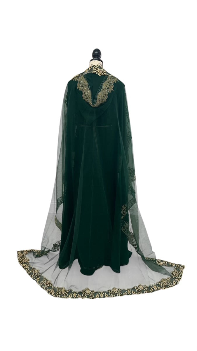 Luxurious Green and Gold Three-Piece Silky Satin Caftan with Hooded Cape – Perfect for Brides and Special Occasions