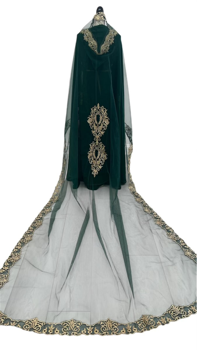 Luxurious Green and Gold Three-Piece Silky Satin Caftan with Hooded Cape – Perfect for Brides and Special Occasions