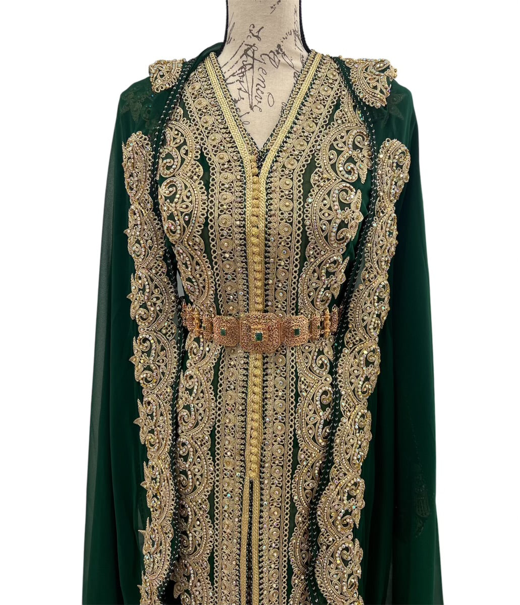 Luxurious Green and Gold Three-Piece Silky Satin Caftan with Hooded Cape – Perfect for Brides and Special Occasions