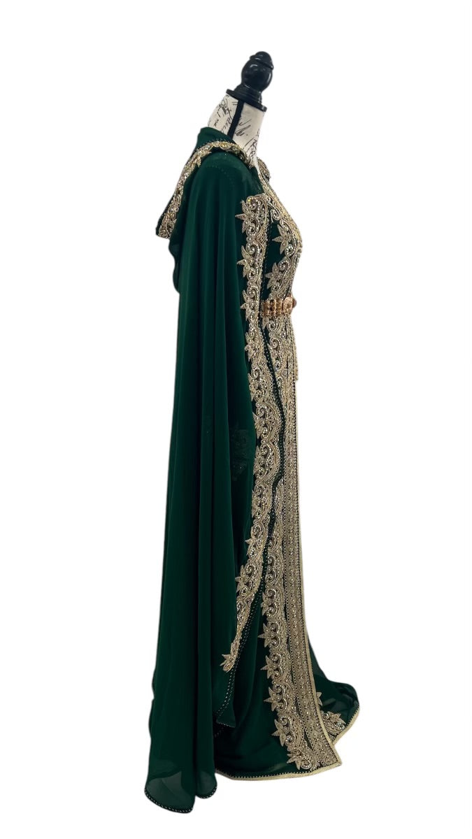 Luxurious Green and Gold Three-Piece Silky Satin Caftan with Hooded Cape – Perfect for Brides and Special Occasions