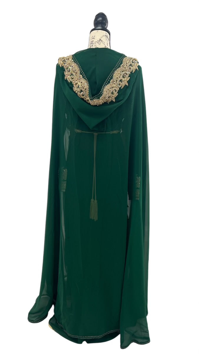 Luxurious Green and Gold Three-Piece Silky Satin Caftan with Hooded Cape – Perfect for Brides and Special Occasions