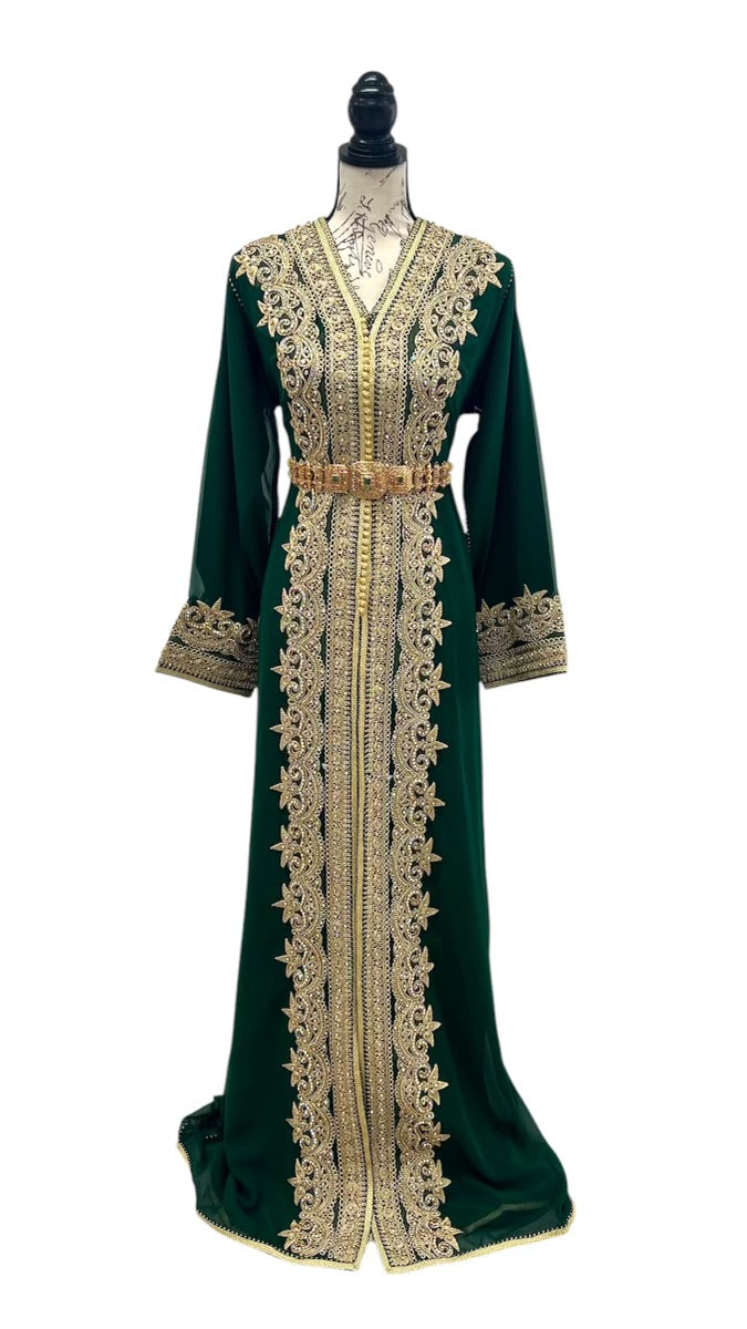 Luxurious Green and Gold Three-Piece Silky Satin Caftan with Hooded Cape – Perfect for Brides and Special Occasions