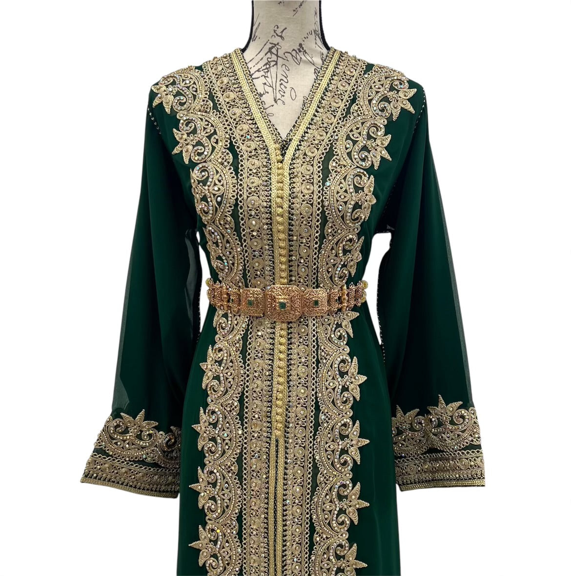 Luxurious Green and Gold Three-Piece Silky Satin Caftan with Hooded Cape – Perfect for Brides and Special Occasions