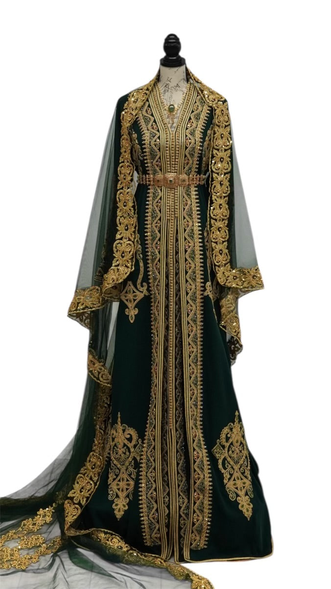 Elegant Green Embroidered Moroccan Caftan | Takchita Style Evening Gown | Bridal Kaftan for Weddings & Special Occasions