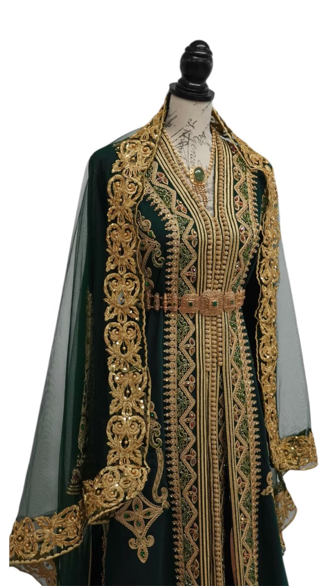 Elegant Green Embroidered Moroccan Caftan | Takchita Style Evening Gown | Bridal Kaftan for Weddings & Special Occasions