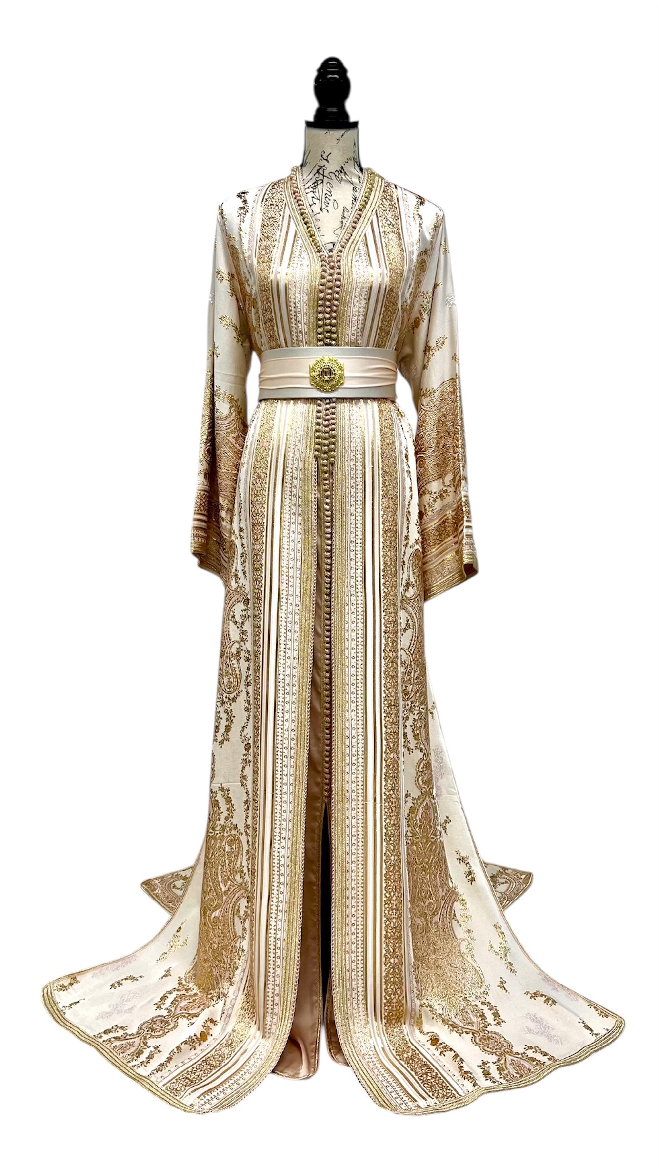 Pink Gold Caftan in Shantung de Soie with Gold Paisley Motifs