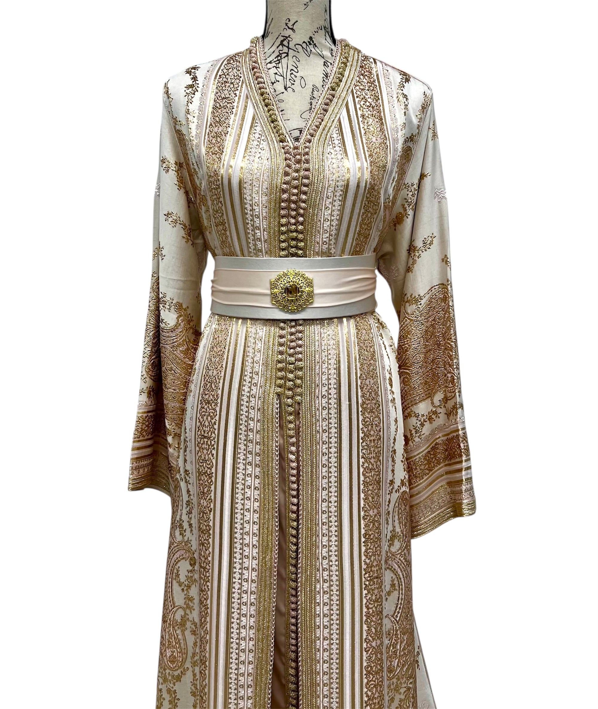 Pink Gold Caftan in Shantung de Soie with Gold Paisley Motifs