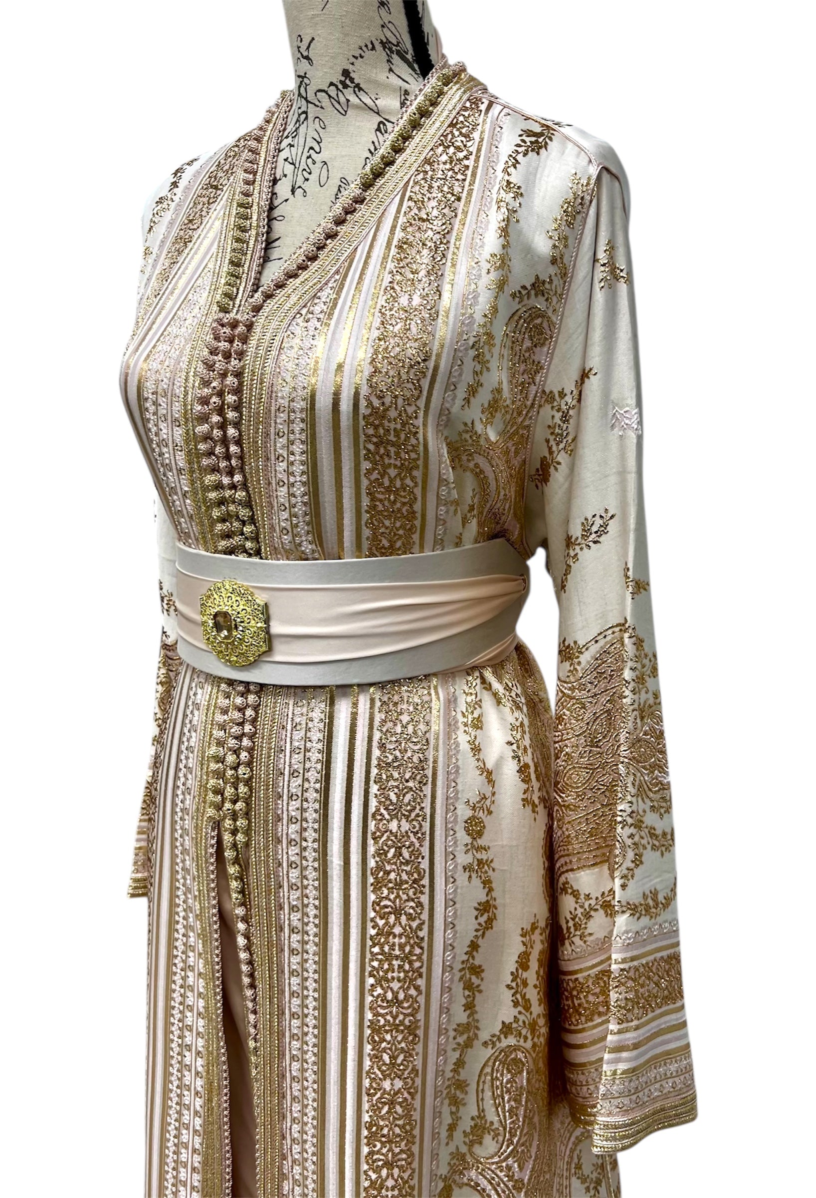 Pink Gold Caftan in Shantung de Soie with Gold Paisley Motifs