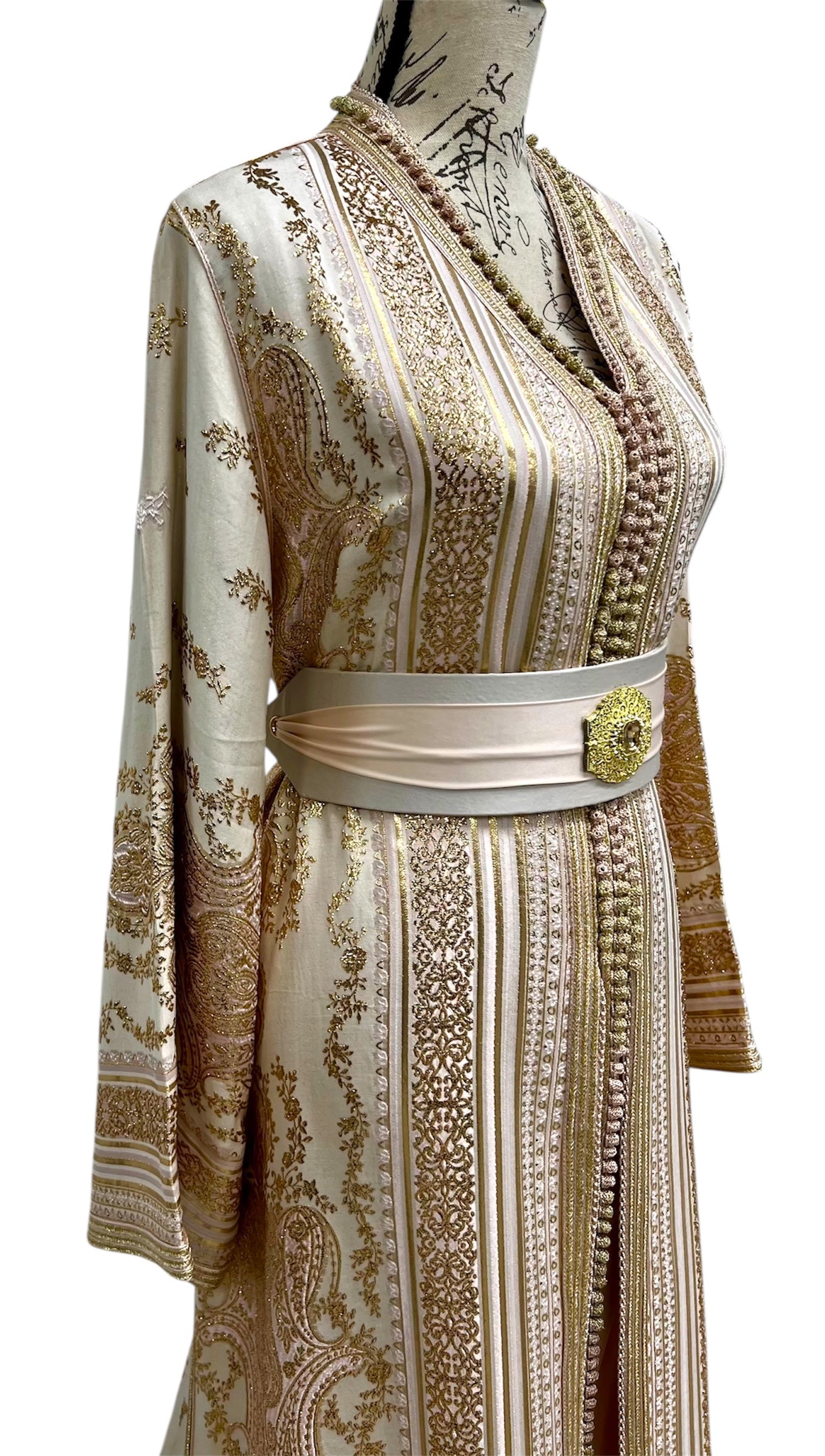 Pink Gold Caftan in Shantung de Soie with Gold Paisley Motifs